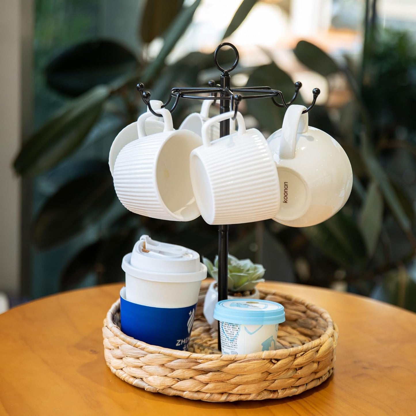 GENMOUS Farmhouse Coffee Mug Holder Stand with Woven Basket for Countertop, 2 Tier Handle Coffee Cup Tree Holder, CoffeeMugs Rack for 6 Mug Hooks with Cup Pods & Saucer Basket Storage for Bar Counter