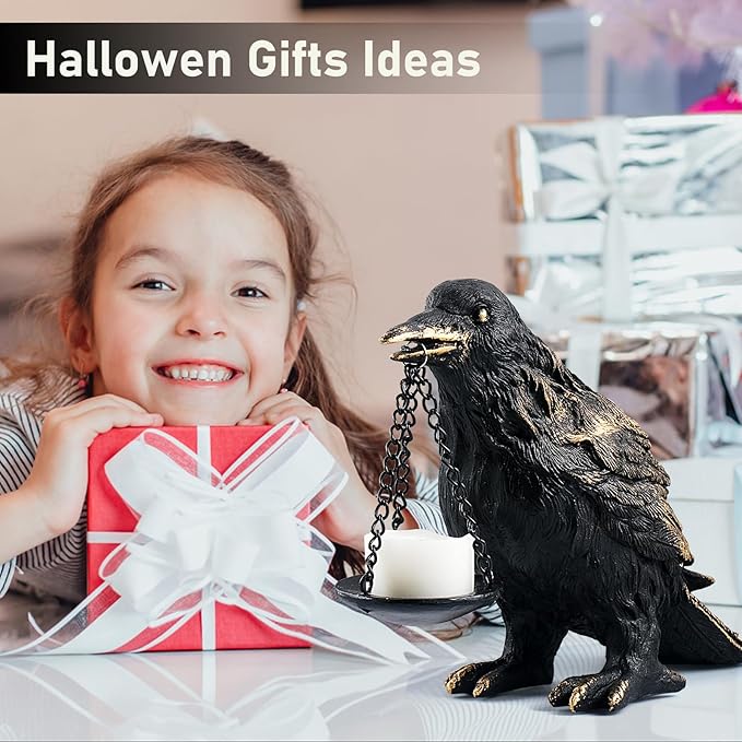 Raven Gothic Home Decor Fake Crow Light Holder Raven Lamp Tealight Candle Holder Resin Raven Statue Wearing Gold 2PCS