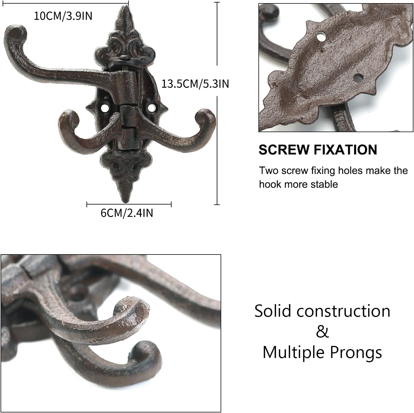 Sungmor 2-Pack Cast Iron 3-in-1 Flexible & Functional Swivel Wall Hook - Vintage Coat Hook Garden Planter Hanger - Heavy Duty Solid Metal Swing Hook - Clothes Hats Towels Bags Pots Tools Hanger