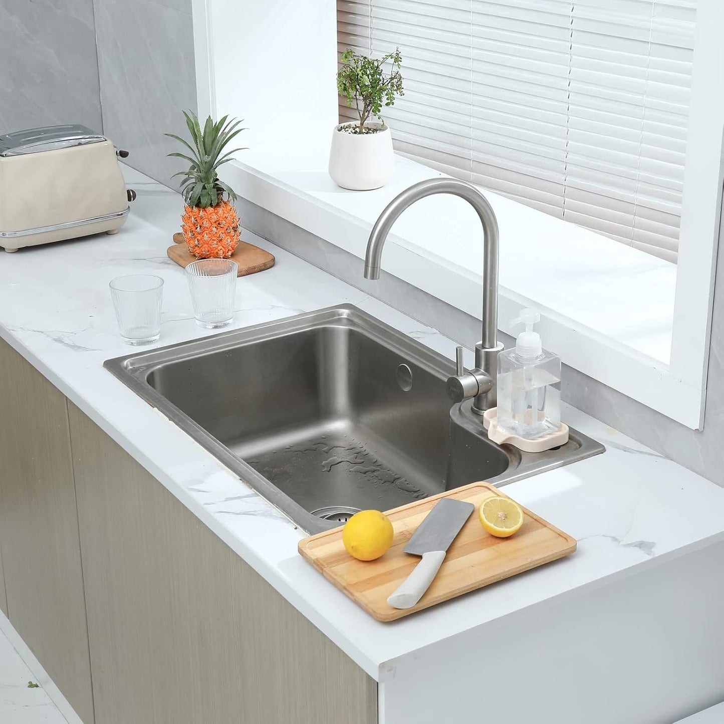 Silicone Bathroom Soap Dishes with Drain Spout-Bathroom and Kitchen Sink Organizer,Sponge Holder,Dish Soap Tray,Perfect for Dispenser,Scrubber,Bottle,Cup on Sink or Counter-Tapioca 4.9"×3.2"