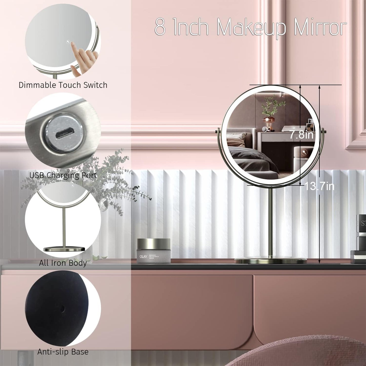 8" Lighted Vanity Mirror with Lights, 1X/10X Magnifying Makeup Mirror, Double Sided 360 Swivel USB Rechargeable, 3 Color Lights, Gifts for Women Mom Teen Girls