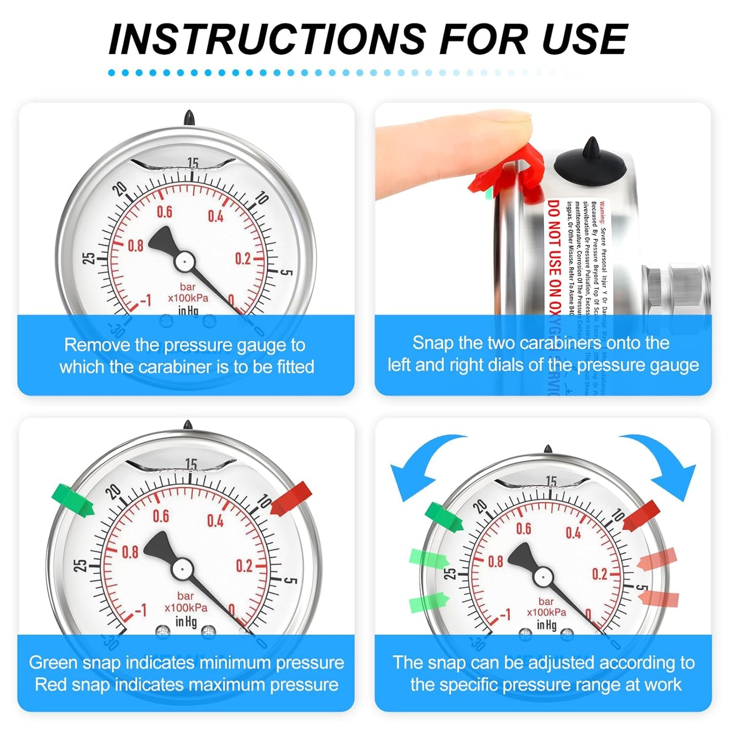 MEANLIN MEASURE -30inHG~0Psi Vacuum Pressure Gauge 316 Stainless Steel Joint 1/4" NPT 2.5" FACE DIAL, Liquid Filled Pressure Gauge WOG Water Oil Air Back Mount with Stainless Steel Hex Bushing, Snaps
