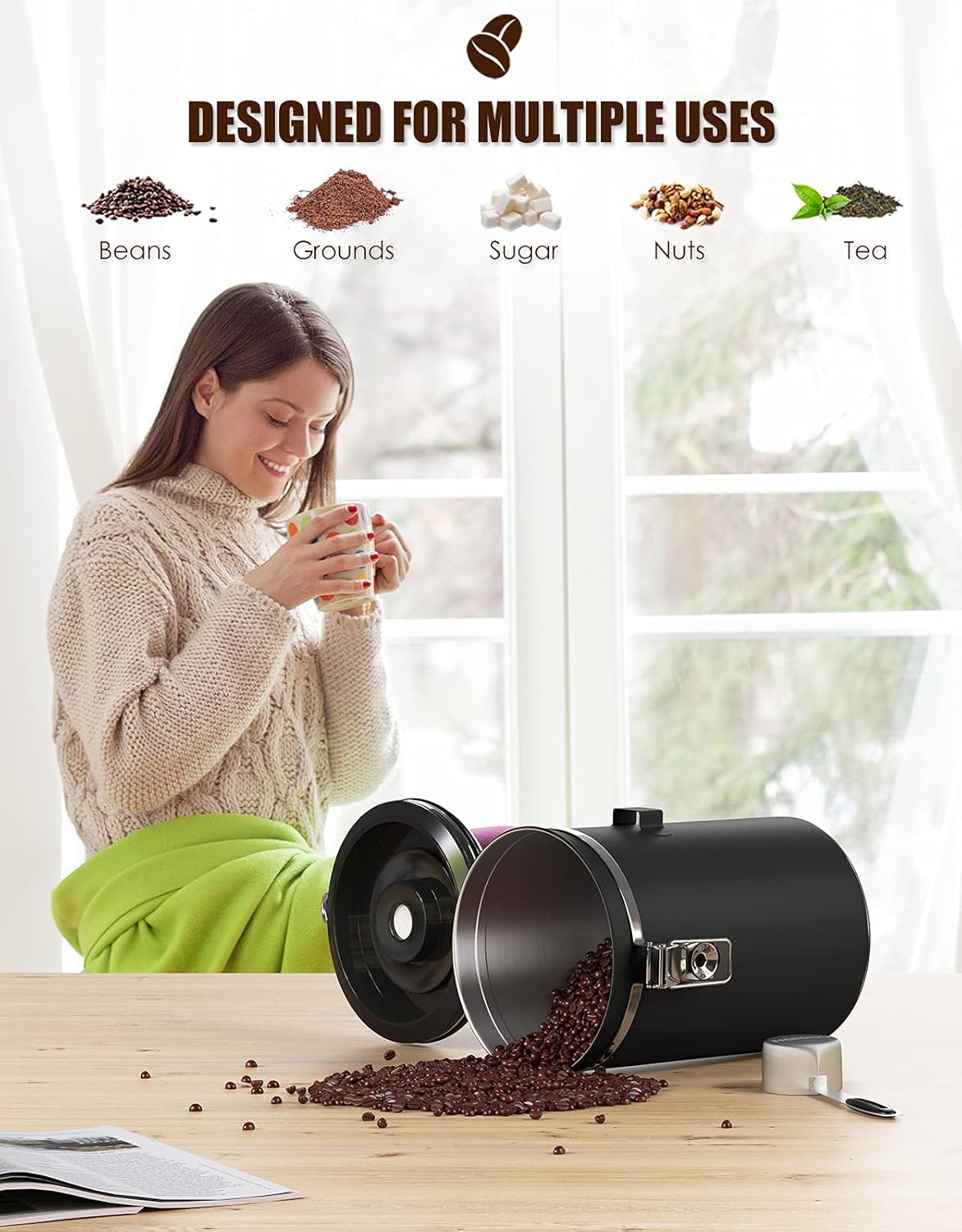 HAIOOU Airtight Coffee Canister, 16OZ Small Stainless Steel Coffee Bean Storage Container with Date Tracker, Measuring Scoop, CO2 Releasing Valves and Mini Tongs for Beans, Grounds and more - Black