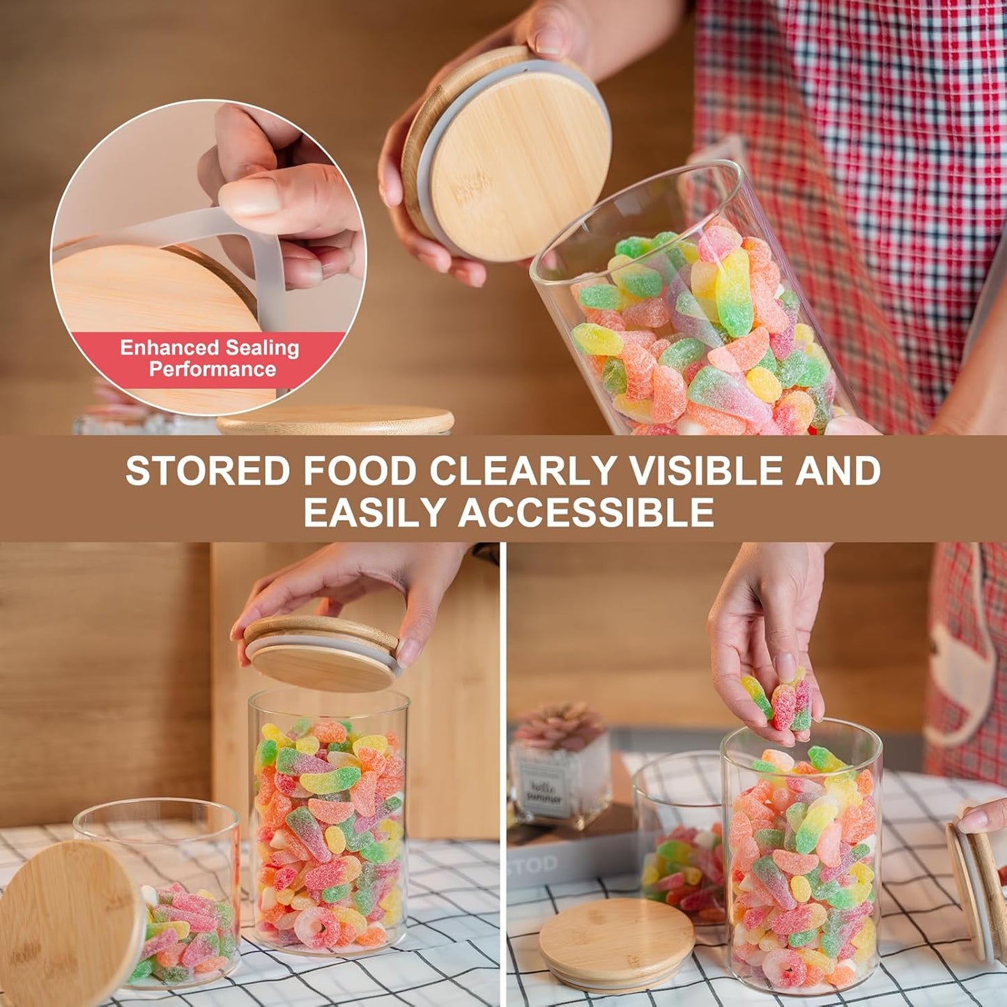 Glass Food Storage Jars Set of 8,26oz-Glass Storage Containers Clear Glass Food Canister with Bamboo Lid Airtight For Serving Tea, Coffee, Flour,Candy, Cookie, Spice(Round-8CMx15CM)