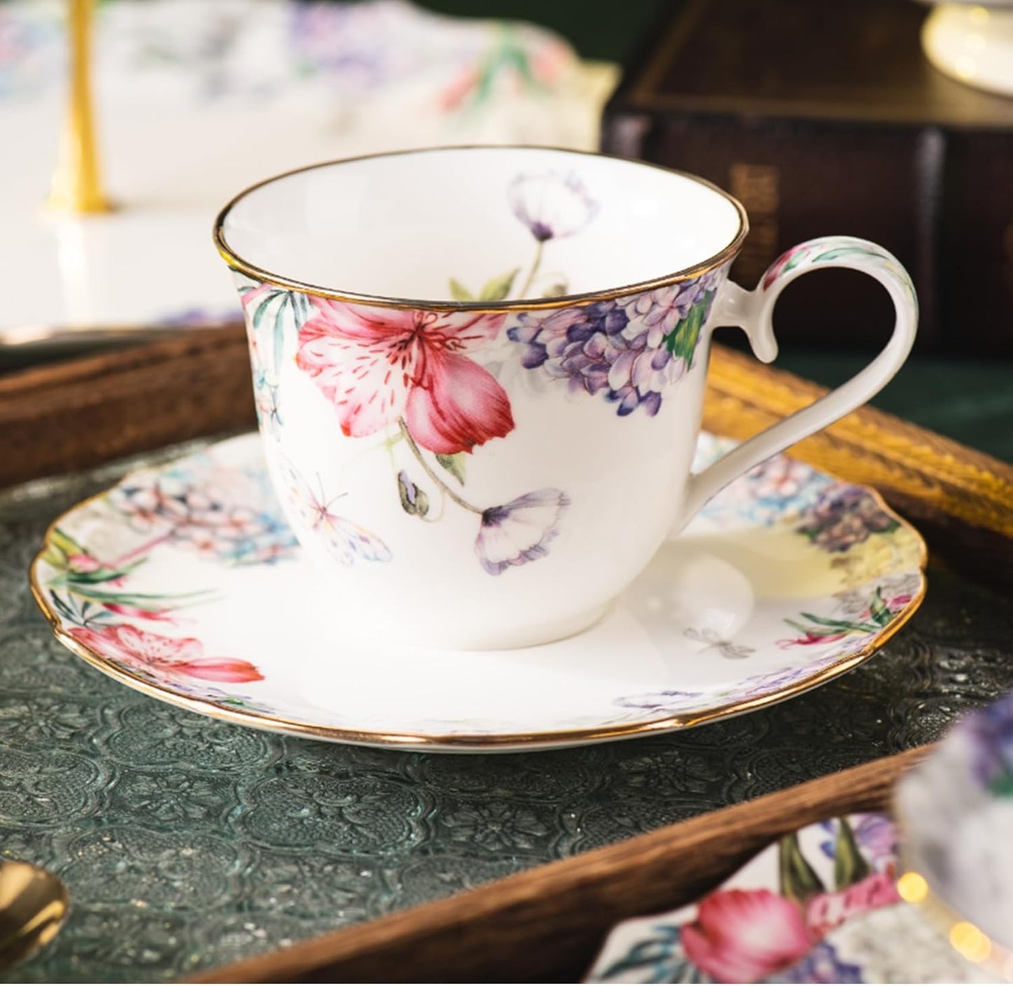 Bone China Tea Set, Vintage Floral Coffee Cups and Tea Sets, Porcelain Tea Set for Women Tea Party British, Christmas Gifts(Purple)