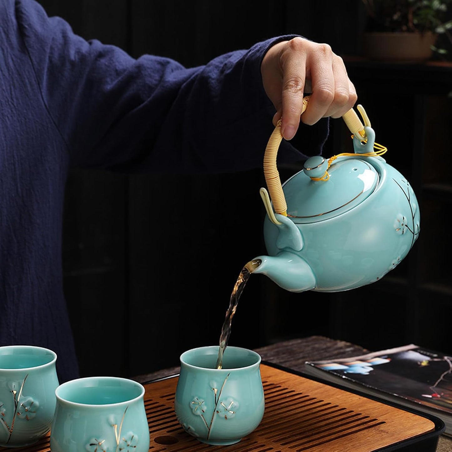KEYDUACU Japanese Tea Set, Kiln-Formed Ceramic TeaSet, Plum Blossom Embossed, Includes 1 Teapot, 6 Teacups,Tea Tray,Strainer, Used for home, outdoor, gift, Chinese Kung Fu Tea Sets(FDMH-CYAN-MU)