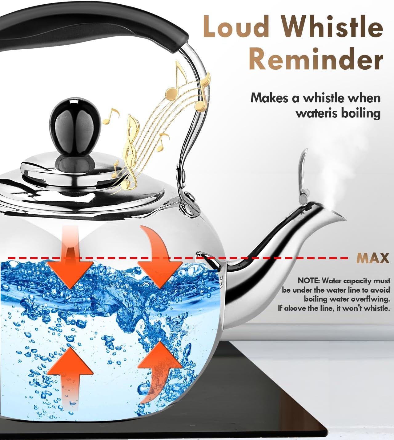 Whistling Tea Kettle Stovetop - 2.3 Quart Round Tea Pot for Stovetop, Silver Mirror Polished Classic Stovetop Kettle, Food Grade Material Teapot for Stove Top