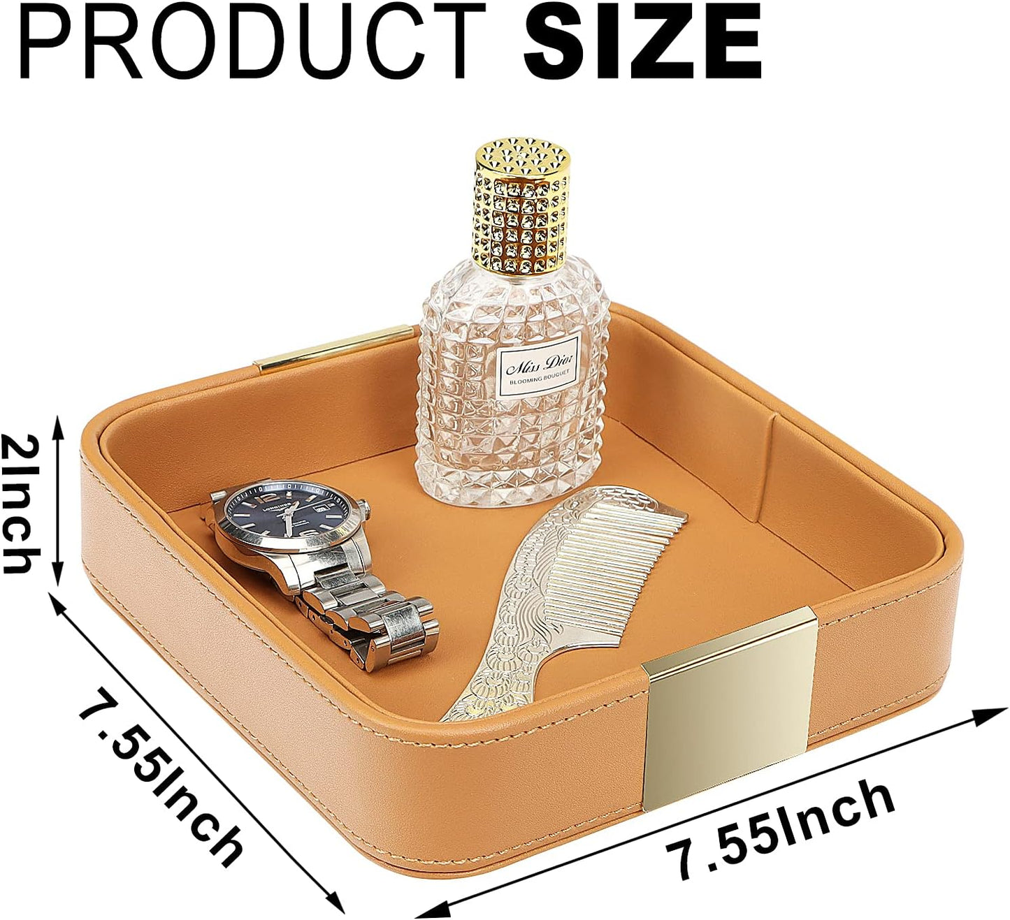 SANZIE Luxury Leather Desktop Storage Small Catchall Organizer Decorative Tray for Entryway Table to Hold Jewelry Watch Cosmetics Keys Phone Wallet, Home & Office Accessories (Metal Glided, Orange)