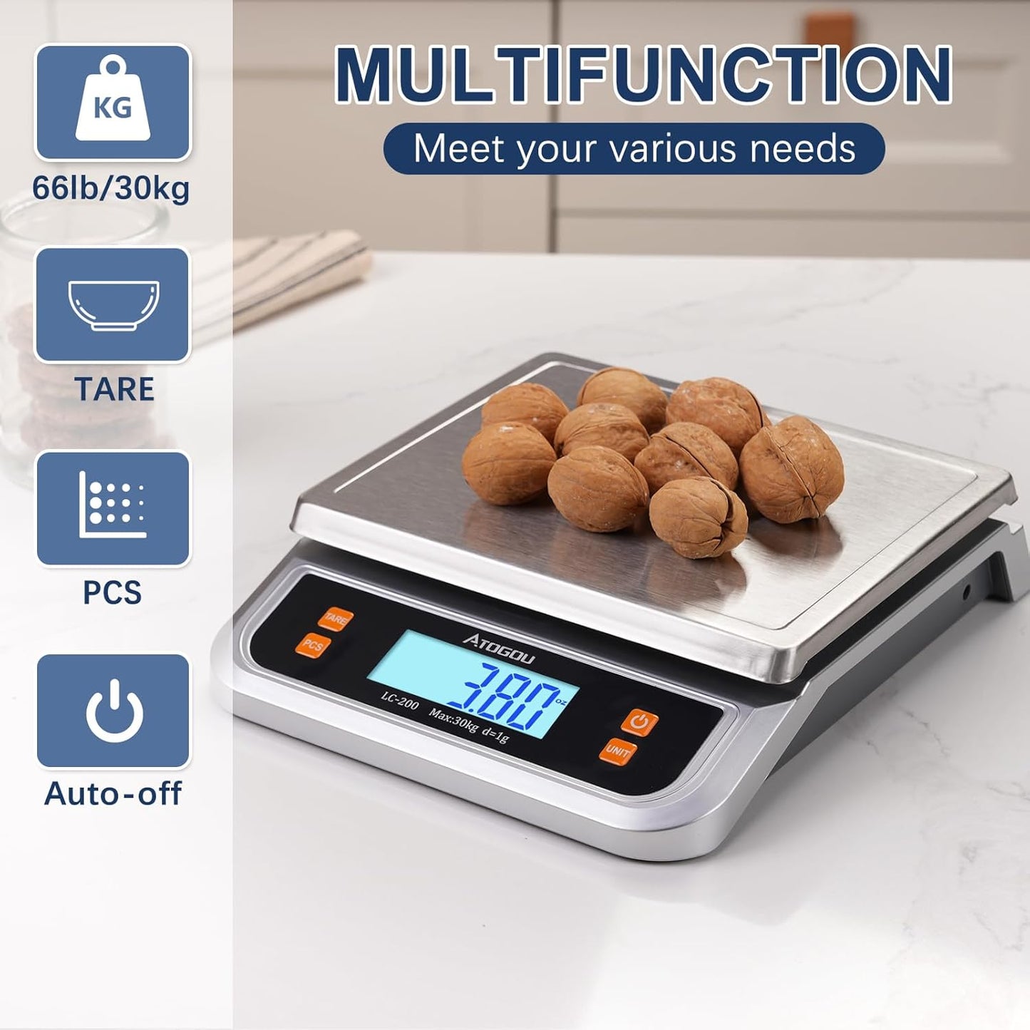 88lb Food Scale, Commercial Kitchen Scale Plug-in Usable with Full View LCD Display, Stainless Steel, for Baking, Bread, Cooking, Meat, Vegetables, Farm, Industry LC200