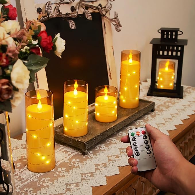 Homemory Acrylic Flameless Candles with Embedded Star String Fairy Lights, Battery Operated Candle, LED Candles, Fake Candles with Remote Control and Timer for Halloween, Amber, Set of 5(H4"5"6"8"8")