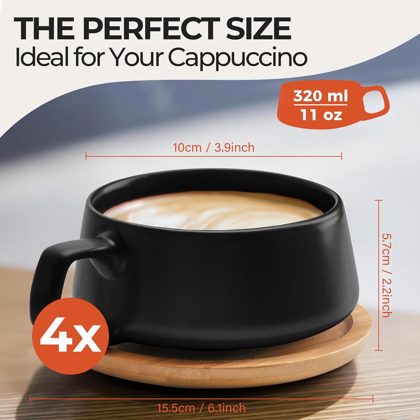 MIAMIO β 11 Oz., Set of 4 Ceramic Tea Cup and Saucer Bamboo/Tea Mug - Wide Cappuccino Cup, Coffee Cups Ceramic Mug for Cappuccino, Latte, Espresso & Americano - Luxe Collection (Black)