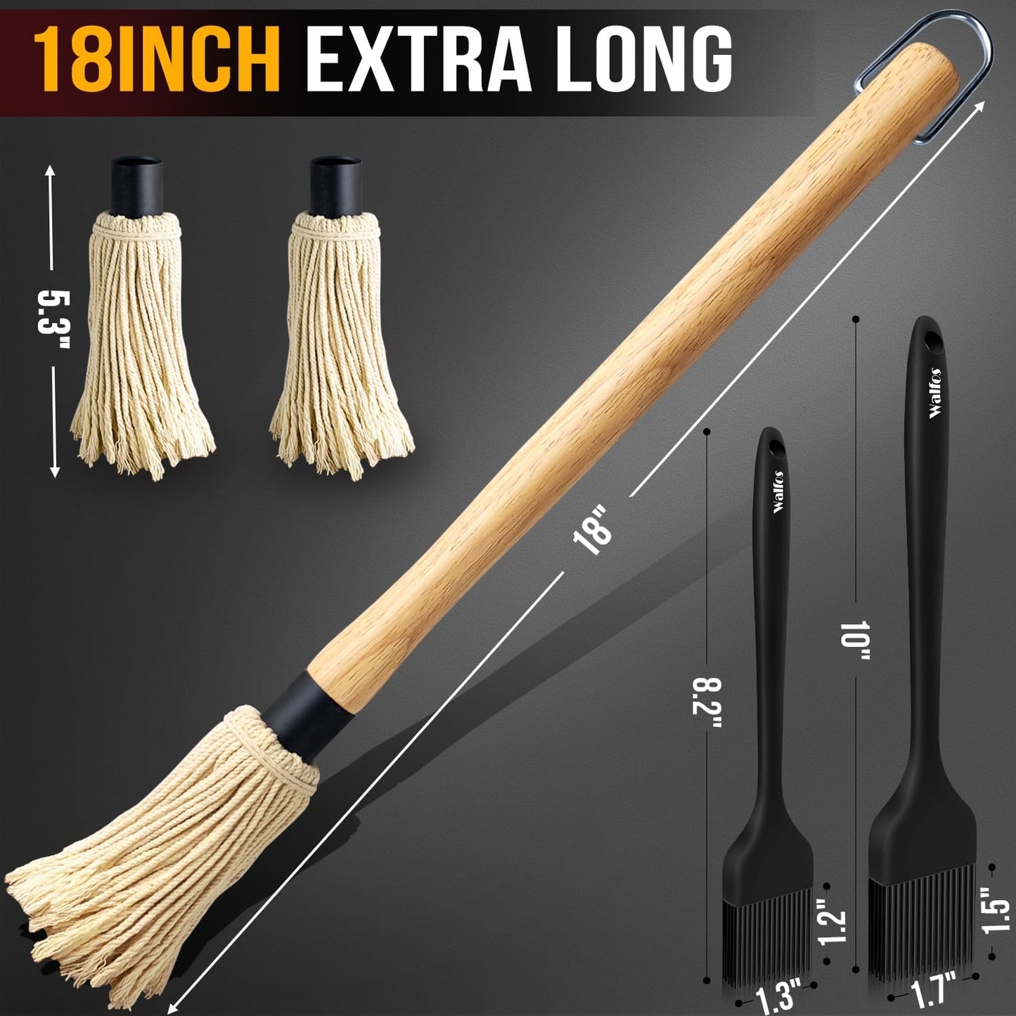 Walfos Basting Brush Silicone and BBQ Mop, Grill Basting Mop with 3 Heads and 2Pcs Pastry Brushes, Wooden Long Handle, Heat Resistant for Grilling, Smoking Steak, Kitchen Cooking (18")