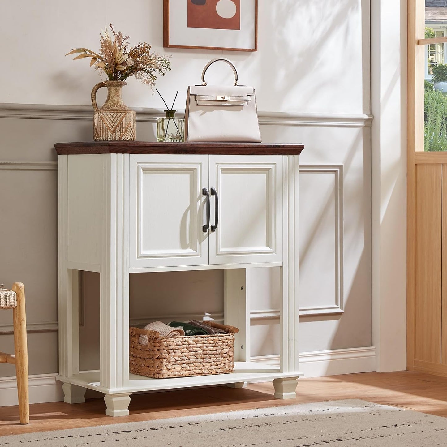 Farmhouse Coffee Bar Station with 2-Door Cabinet, Small Kitchen Cabinet with Open Lower Shelf, Entryway Table with Storage for Dining Room, Kitchen, Hallway, Living Room, White