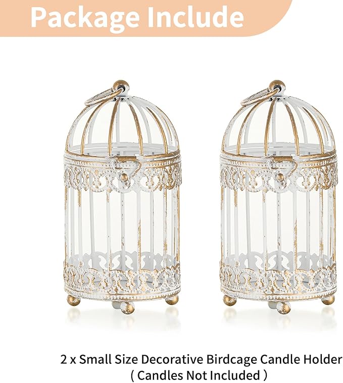 NUPTIO Tea Light Candle Holders: 2 Pcs 6 inch H Distressed White Bird Cage Lantern Centerpiece Hanging Metal Birdcage Tealight Votive Holder for Home Fireplace Dining Table Living Room Decoration