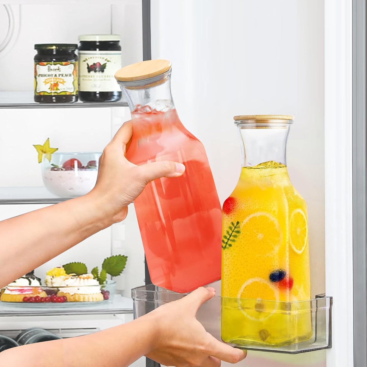 35 Oz Square Glass Carafe with Bamboo Lid, Beverage Dispensers,Mimosa Bar Supplies,Clear Glass Pitcher with Name Labels for Iced Tea,Coffee,Juice(Pack of 4)