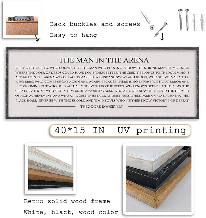 LuZhiQiang The Man in the Arena Wall Decor 40''x15'' Inspirational Quotes Office Wood Framed Sign Rustic Home Motivational Art For Man Entrepreneur Morden Living Room Wall Hanging Decor (Black)