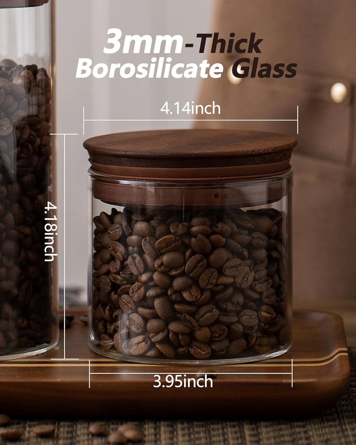 17 oz Coffee Canister with Scoop and Wooden Lids, Airtight Glass Coffee Beans Storage Container Sets of 2 for Ground Coffee,Food Storge Jars for Ground Coffee Bar Cereal Snack