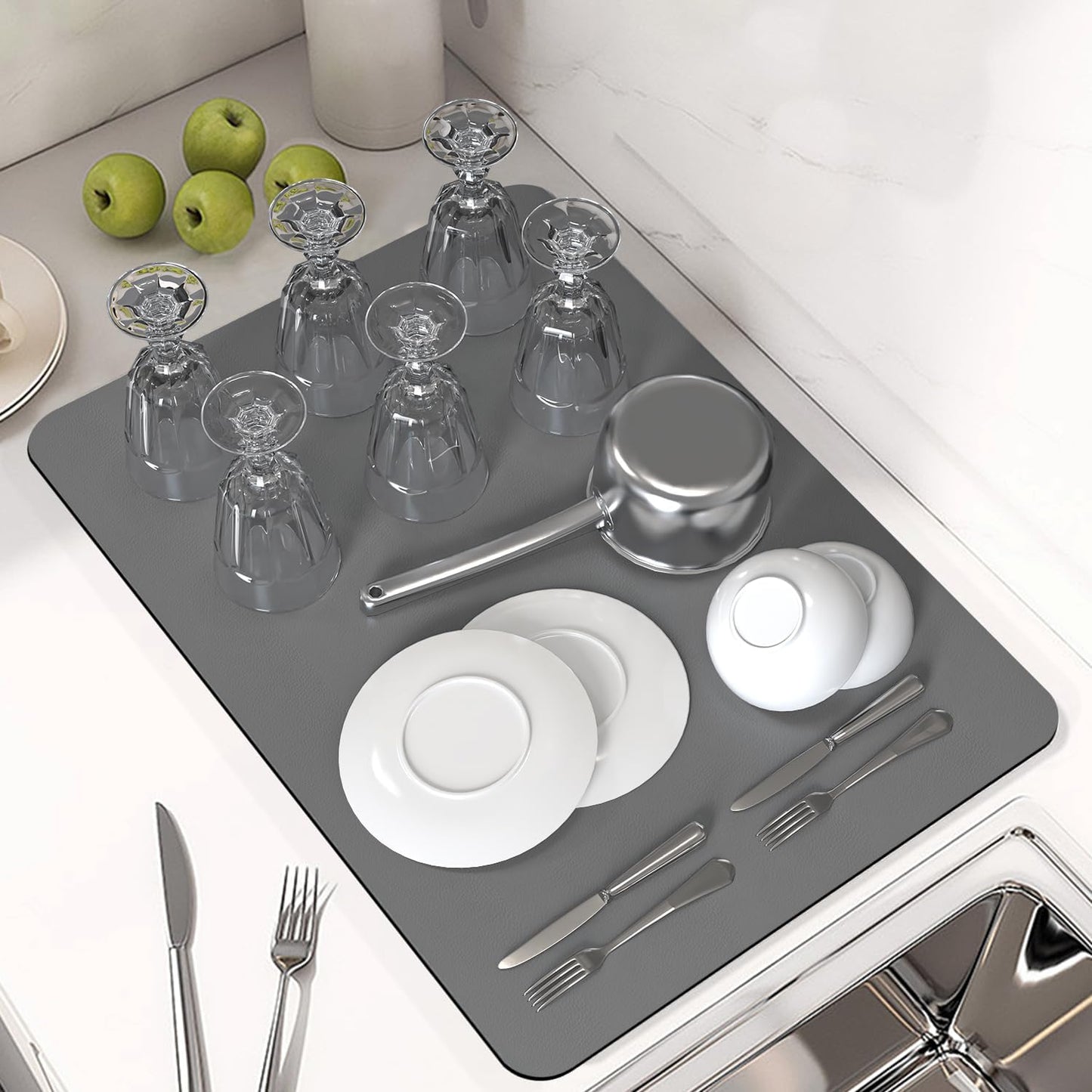 PoYang 24"x16" Coffee Mat Large, Coffee Bar Accessories for Countertop, Absorbent Dish Drying Mat, Anti-Slip and Hide Stain Pad for Espresso Machine, Espresso Maker and Kitchen Counter, Gray