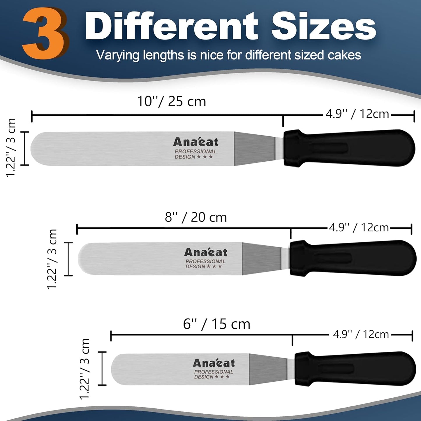 Anaeat Icing Spatulas, Set of 3 Professional Cake Angled Offset Spatula with 6", 8", 10" Stainless Steel Blades - Thickened Frosting Knife with Plastic Handle for Cake Decorating, Pastry & Baking