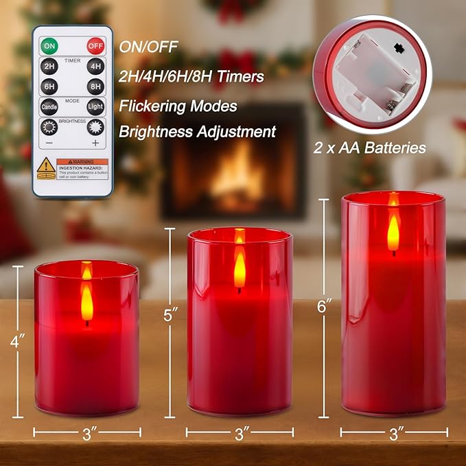 Homemory Red Glass Flameless Candles, Battery Operated LED Pillar Candles with Remote Control and Timer, Radiance Candles, Real Wax, Set of 3,D3 xH4 5" 6"
