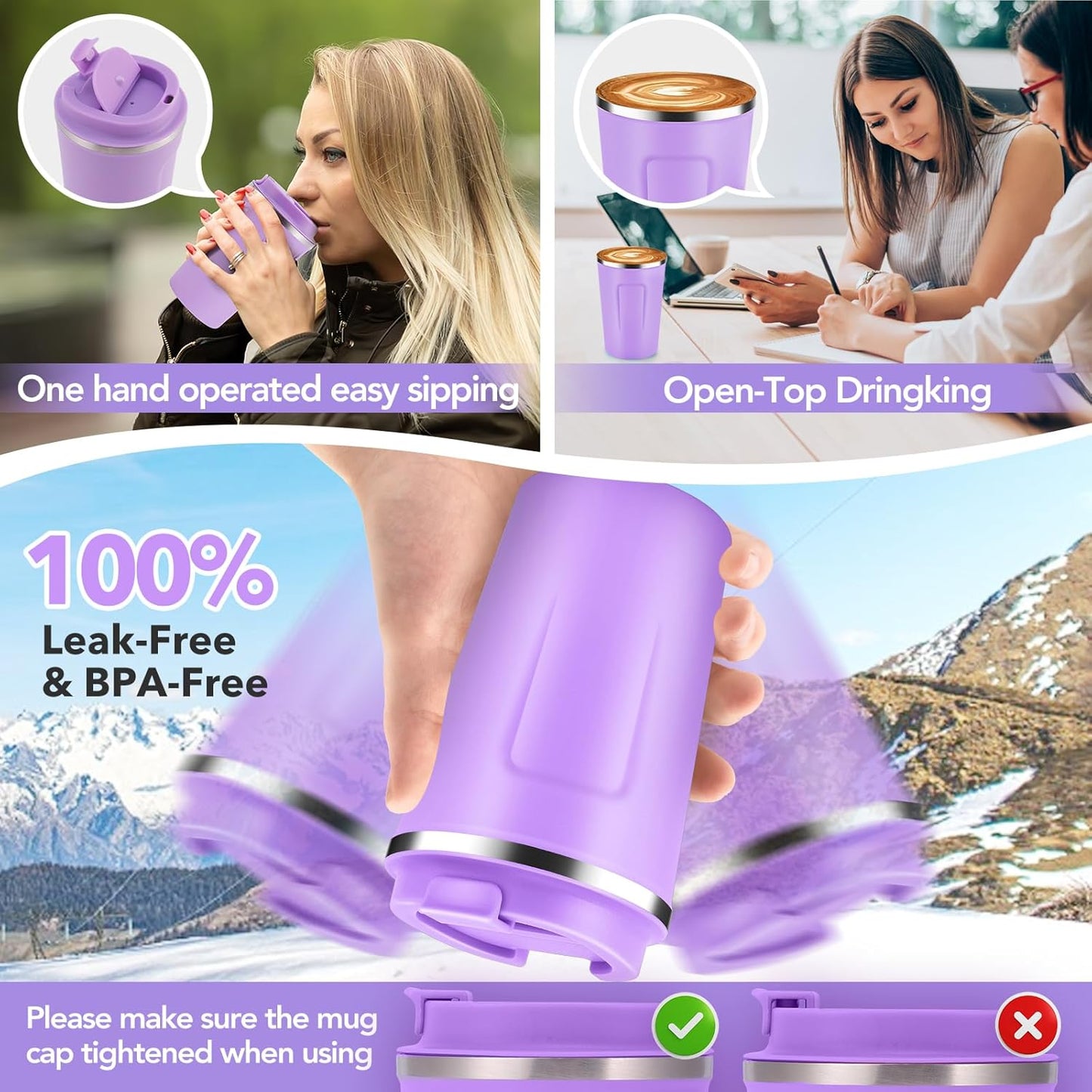 Volhoply 12 oz Double Wall Insulated Vacuum Travel Coffee Mug with Flip Lid,Reusable Stainless Steel Leak Proof Coffee Cup,Portable Cafe Thermal Tumbler Suitable for Hot & Cold Drinks(Purple,1 Set)