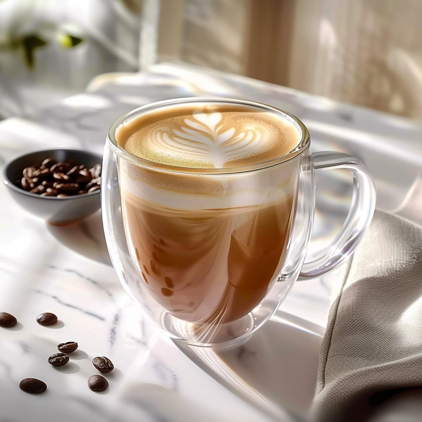 8 Ounces Set of 4 Double Walled Glass Coffee Mugs with with Handle Insulated Layer Coffee Cups Borosilicate Glass Espresso Double Insulated Clear Glass Coffee Mug for Hot Beverages