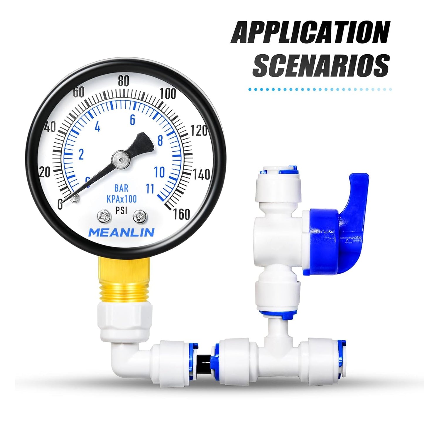 MEANLIN MEASURE 0-160Psi Well Pump Pressure Gauge 1/4" NPT 2" FACE DIAL for Air Compressor RV Regulator Water Pressure Tester Lower Mount, with Teflon Tape