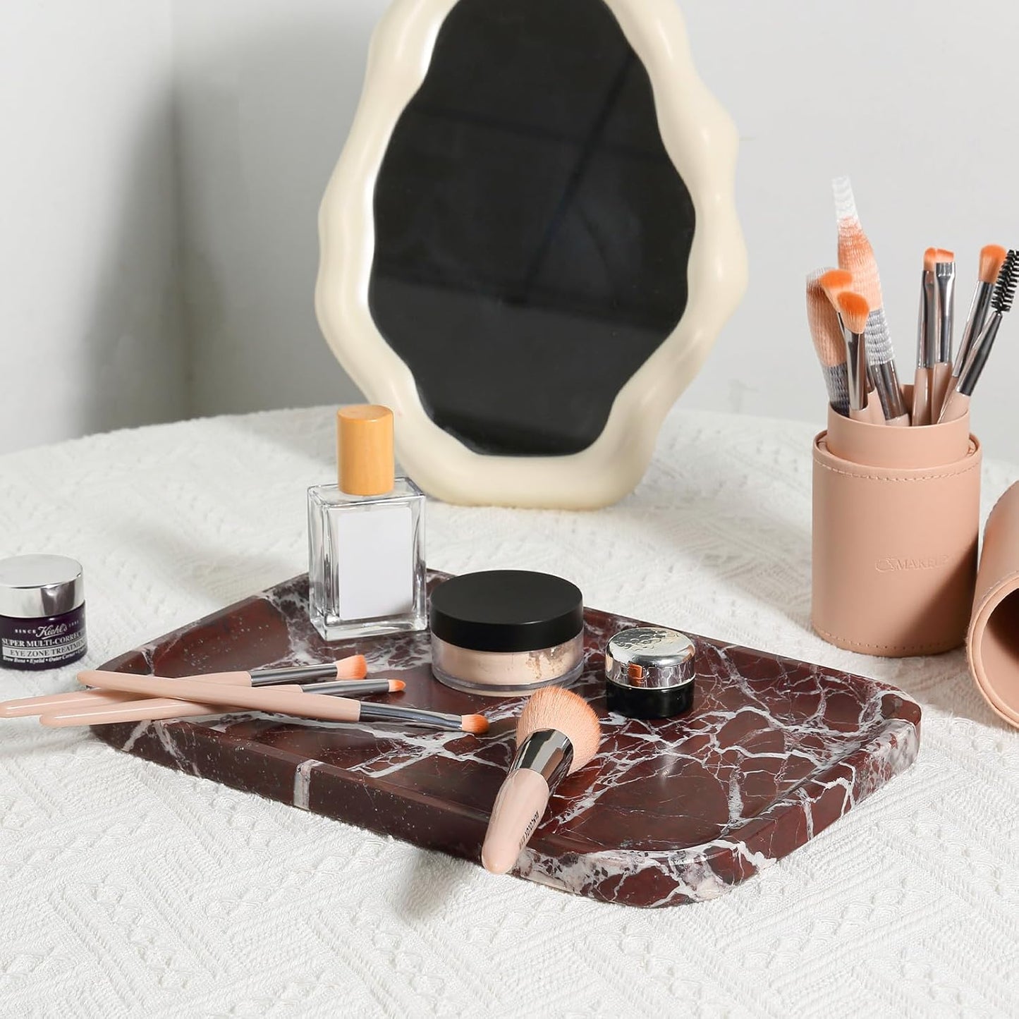 Marble Vanity Tray, 11.8in Stone Bathroom Tray for Countertop, Red Decorative Tray for Dresser Organizer, Luxury Serving Tray for Kitchen, Storage Dish for Kitchen Sink, Perfume, Jewelry Holder