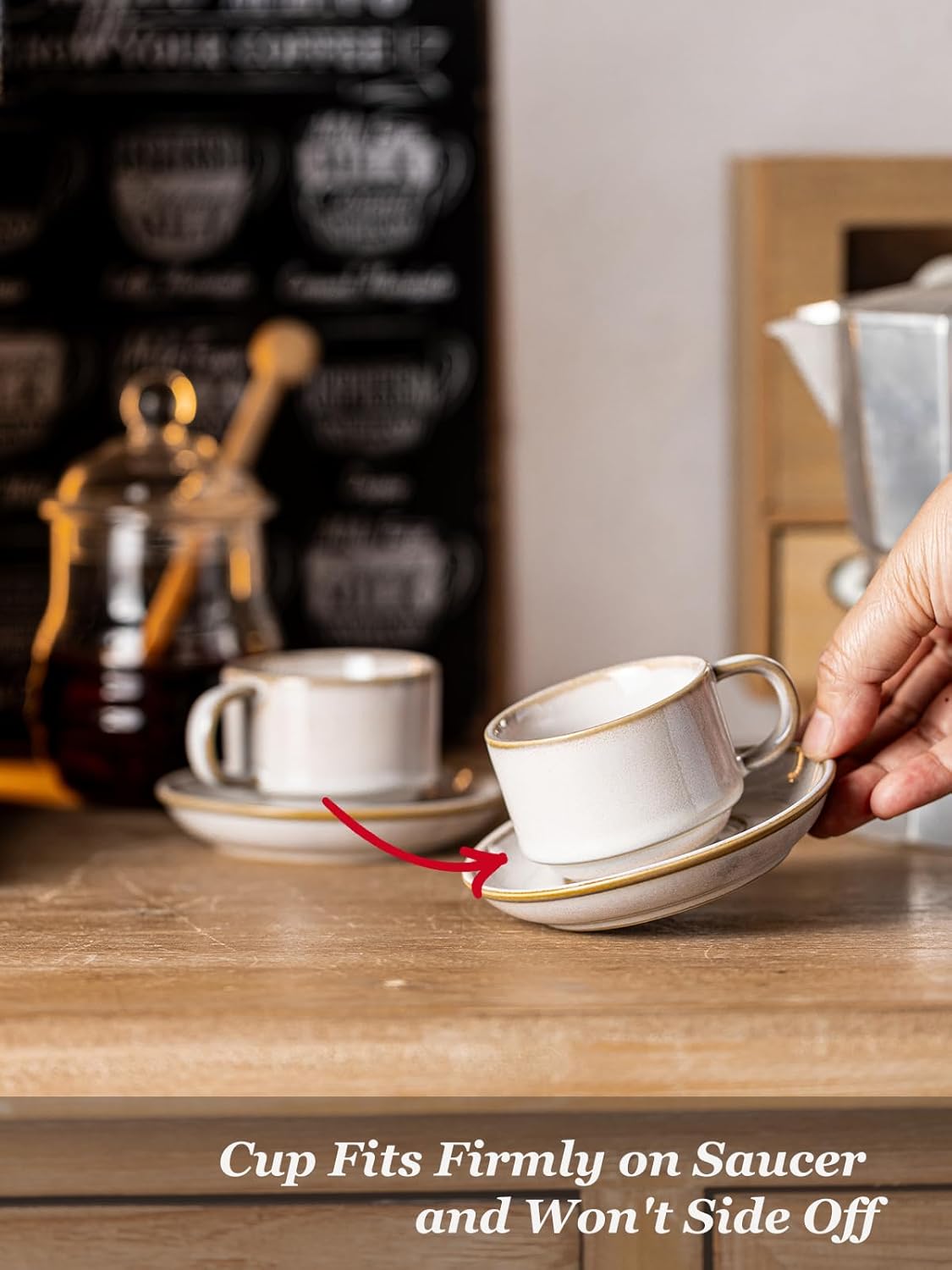 Gomakren 2.5 Ounce Espresso Cups Set of 4, Small Stackable Coffee Cups with Saucers and Metal Stand, Porcelain Demitasse Cups for Specialty Coffee Drinks, Espresso, Cappuccino, Latte, Tea, White