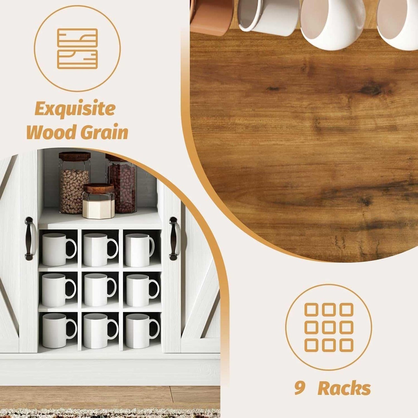 4ever2buy Farmhouse Coffee Bar Cabinet with Hutch, 47 Inch Buffet Cabinet with Storage, White Wine Bar with 9 Wine Racks and 6 Hooks, Coffee Bar Table with Adjustable Shelves for Living Dining Room