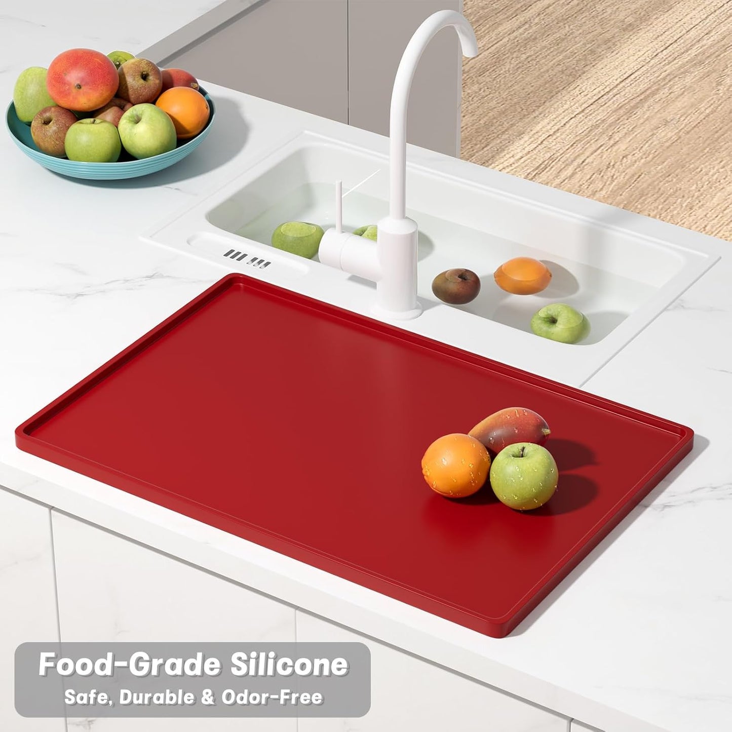 Rnivvi Silicone Coffee Mat, 16" x 24" Waterproof Raised Edge Coffee Bar Mats for Espresso Machine Station Accessories, Heat Resistant Dish Drying Pad for Kitchen Counter, Rubber Bar Decor Pad, Red