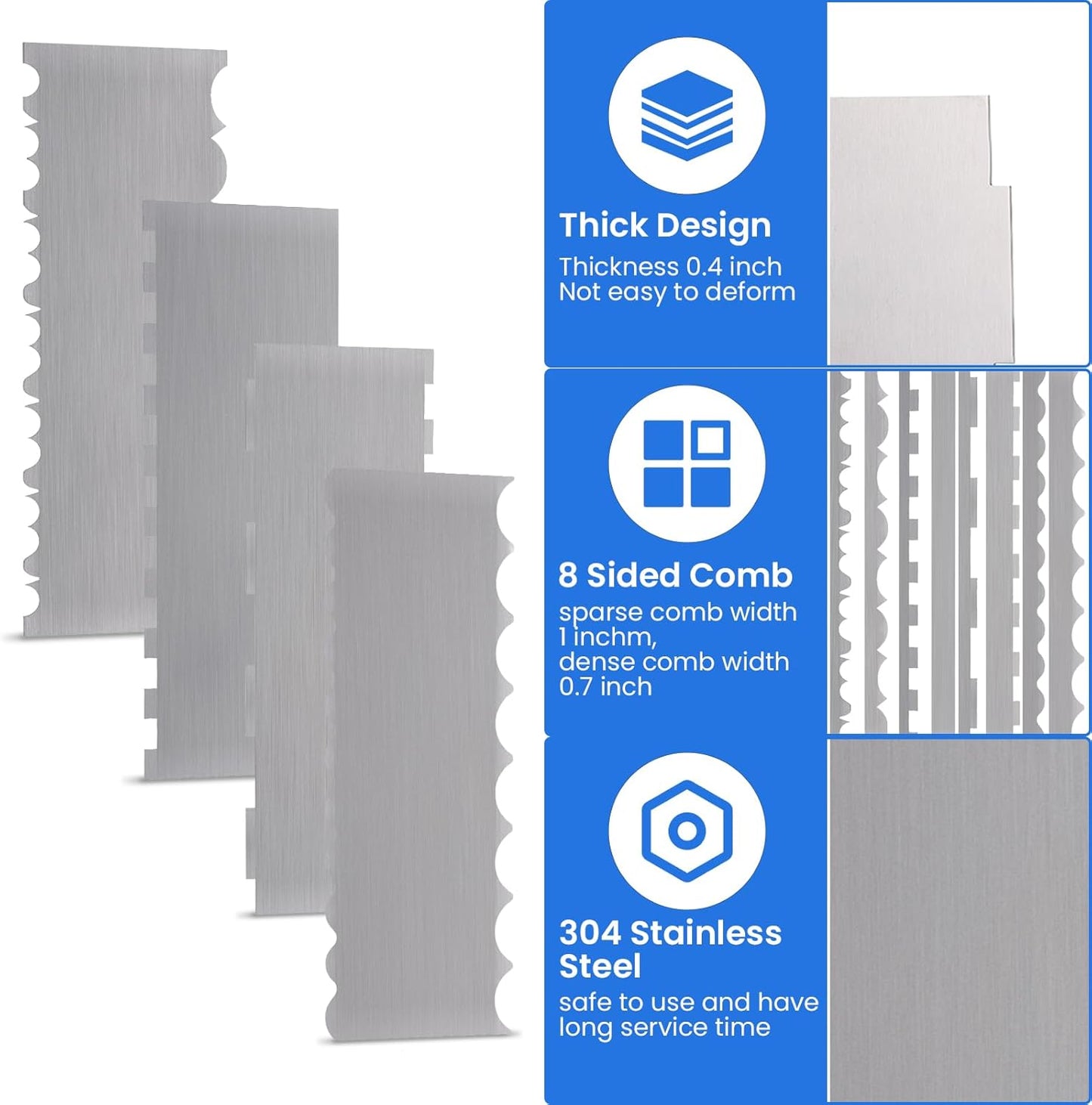 4 Pieces Stainless Steel Cake Scraper 10 Inch and Sided Patterned Edge Stripe Edge Smoother Scraper Cake Decorating Comb Cake Pastry Cutter for Mousse Butter Cream Cake Decoration