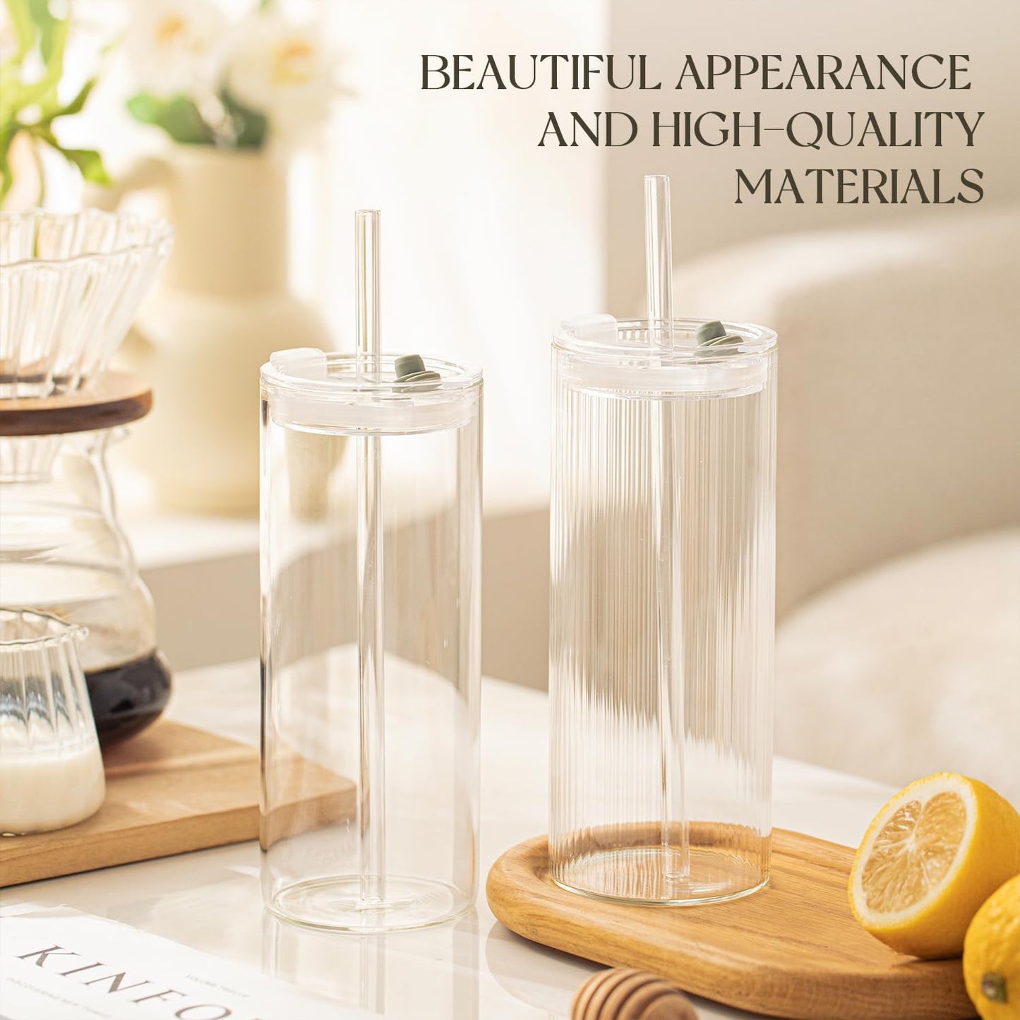 KEMORELA 6-Pack 18oz Ribbed Glass Cups with Lids & Straws – Round Textured Drinking Glasses for Iced Coffee, Bubble Tea, Juice & Smoothies – Reusable Clear Tumblers with Leakproof Lids & Straws