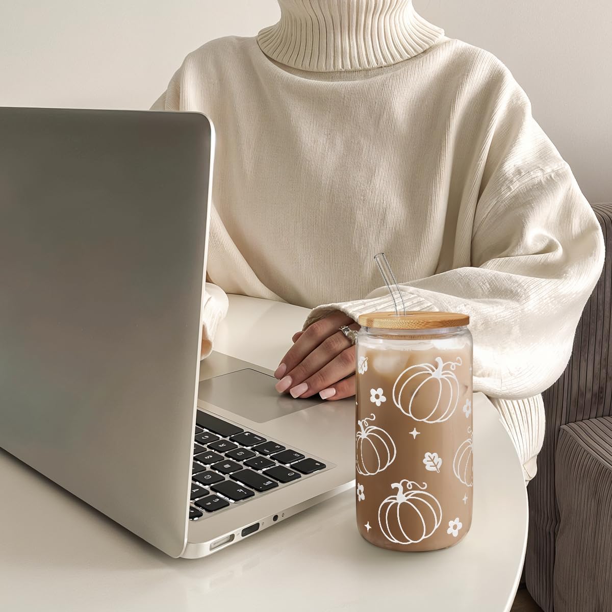 Pumpkin 16oz Can Glass Tumbler with Acrylic Lid & Straw, Iced Coffee Cup for Women Girls, Fall Aesthetic Cups Gifts