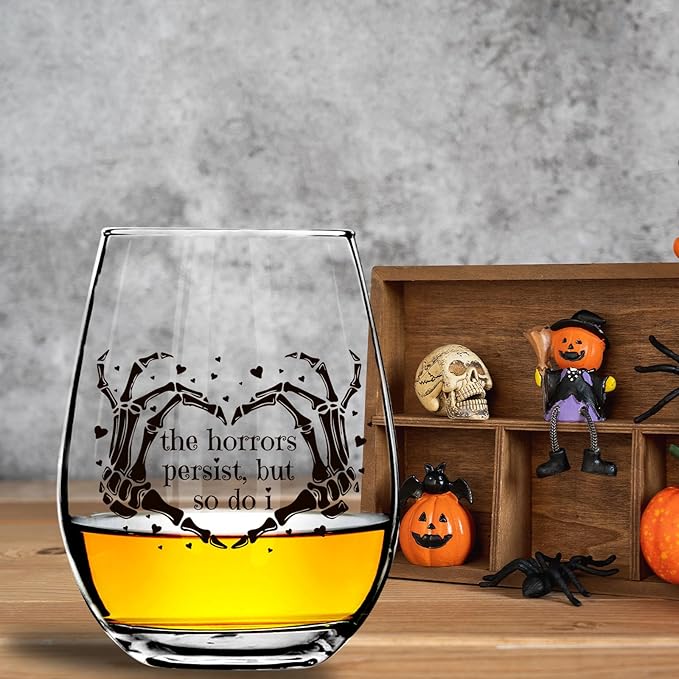 The Horrors Persist But So Do I Wine Glass,Skeleton Heart Hands,Funny Halloween&Valentine's Day Wine Glass,15oz