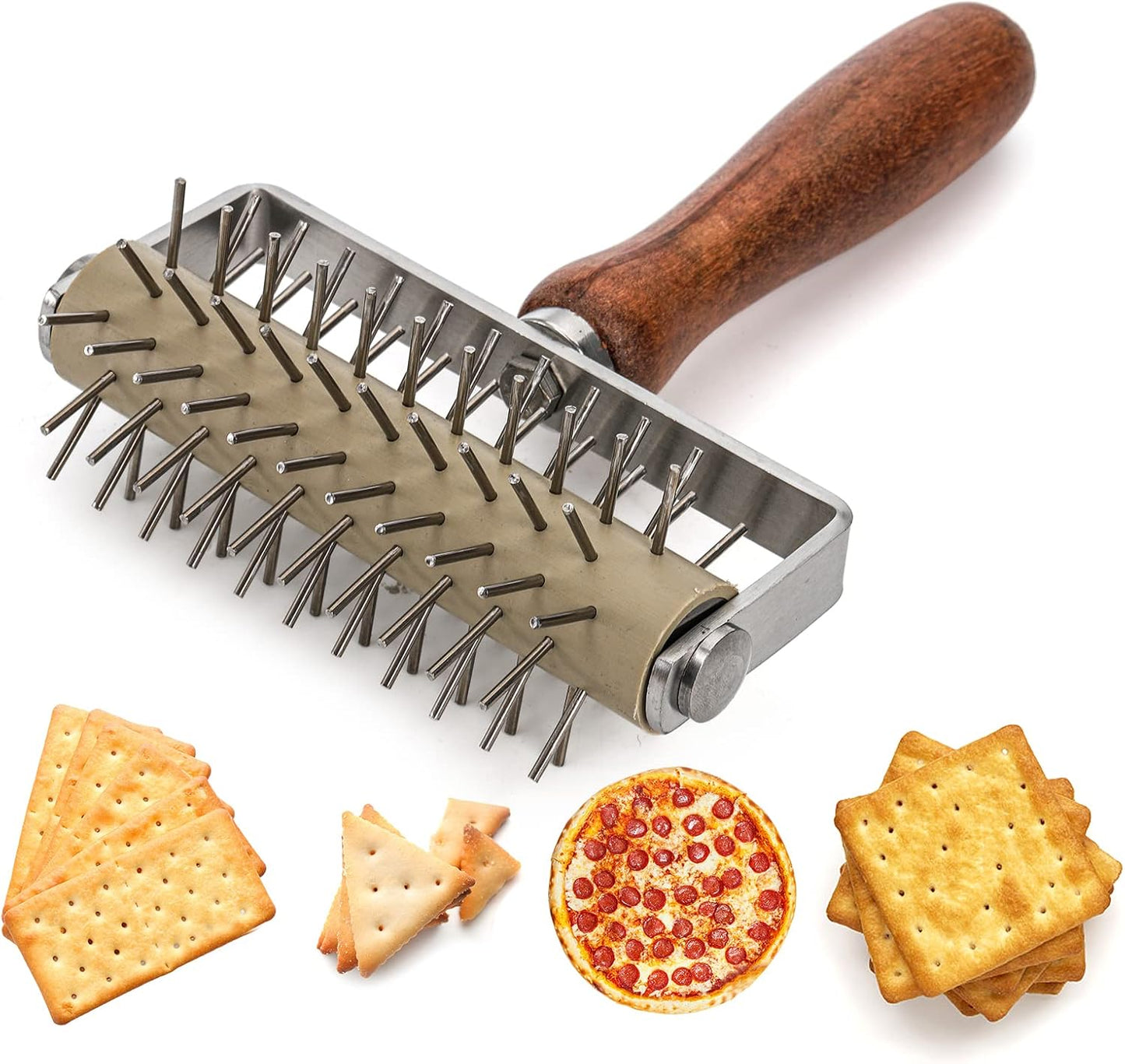 Hiceeden Set of 2 Pizza Dough Roller & Dough Docker, Stainless Steel Dough Hole Maker Puncher Wooden Rolling Pin for Pizza, Cookie, Pie, Pastry, Bread, Crust