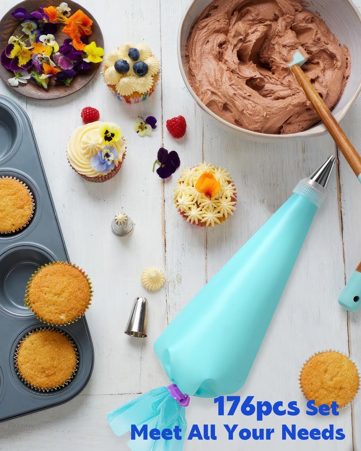 176PCS Piping Bags and Tips Set, Includes 150pcs 12 Inch Anti Burst Piping Bags, 1 Reusable Pastry Bags, 12 Piping Tips, 8 Icing Bags Ties, 3 Cake Scrapers and 2 Couplers