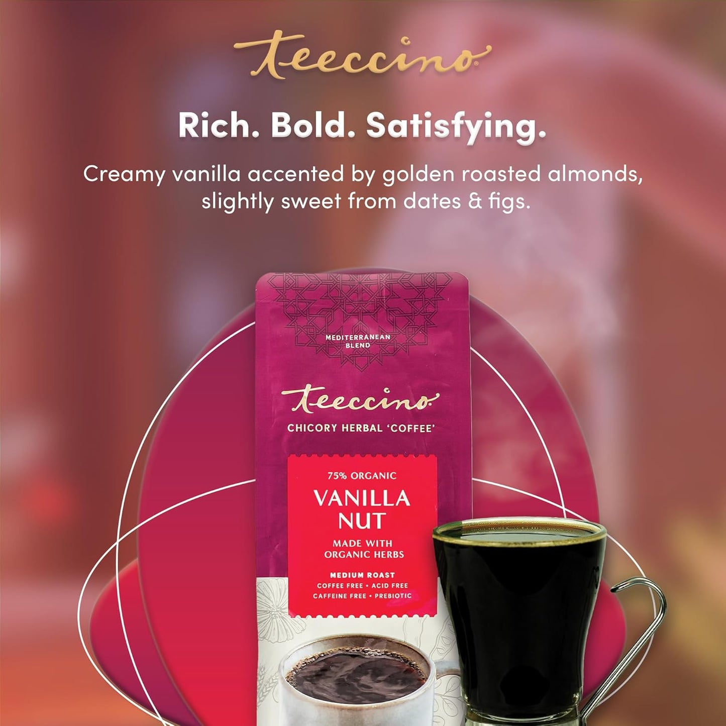Teeccino Vanilla Nut Chicory Coffee Alternative - 11 Ounce - Ground Herbal Coffee That’s Prebiotic, Caffeine Free & Acid Free, Medium Roast, (Pack of 3)