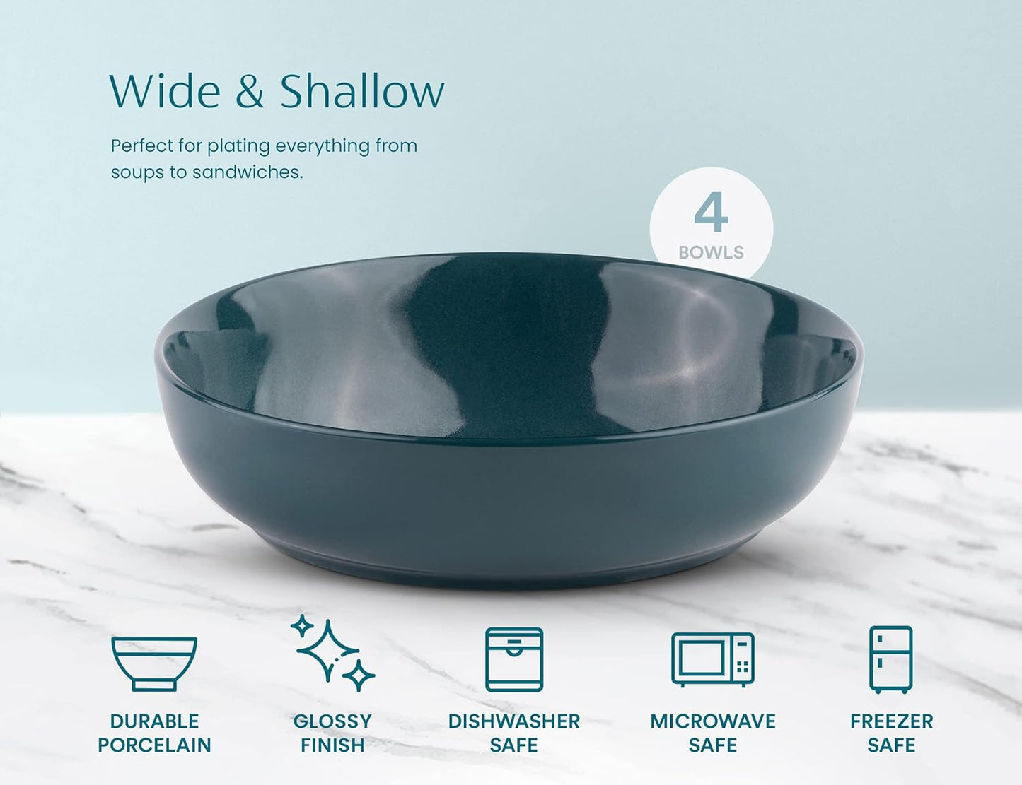 KooK Pasta Bowl, Salad Bowls, Soup, Serving Bowls, Ceramic, Large Capacity, Microwave & Dishwasher Safe, Set of 4, 40 Oz,(Dark Teal)