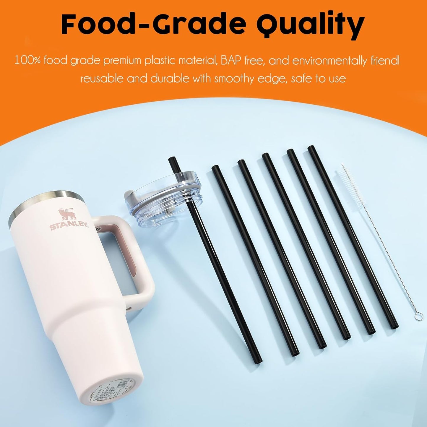 ALINK Black Replacement Straws for Stanley 30 oz Tumbler, DISHWASHER SAFE, 6 Pack Reusable Plastic Straws Compatible with 30oz Stanley Adventure Quencher Cups, Plus Brush