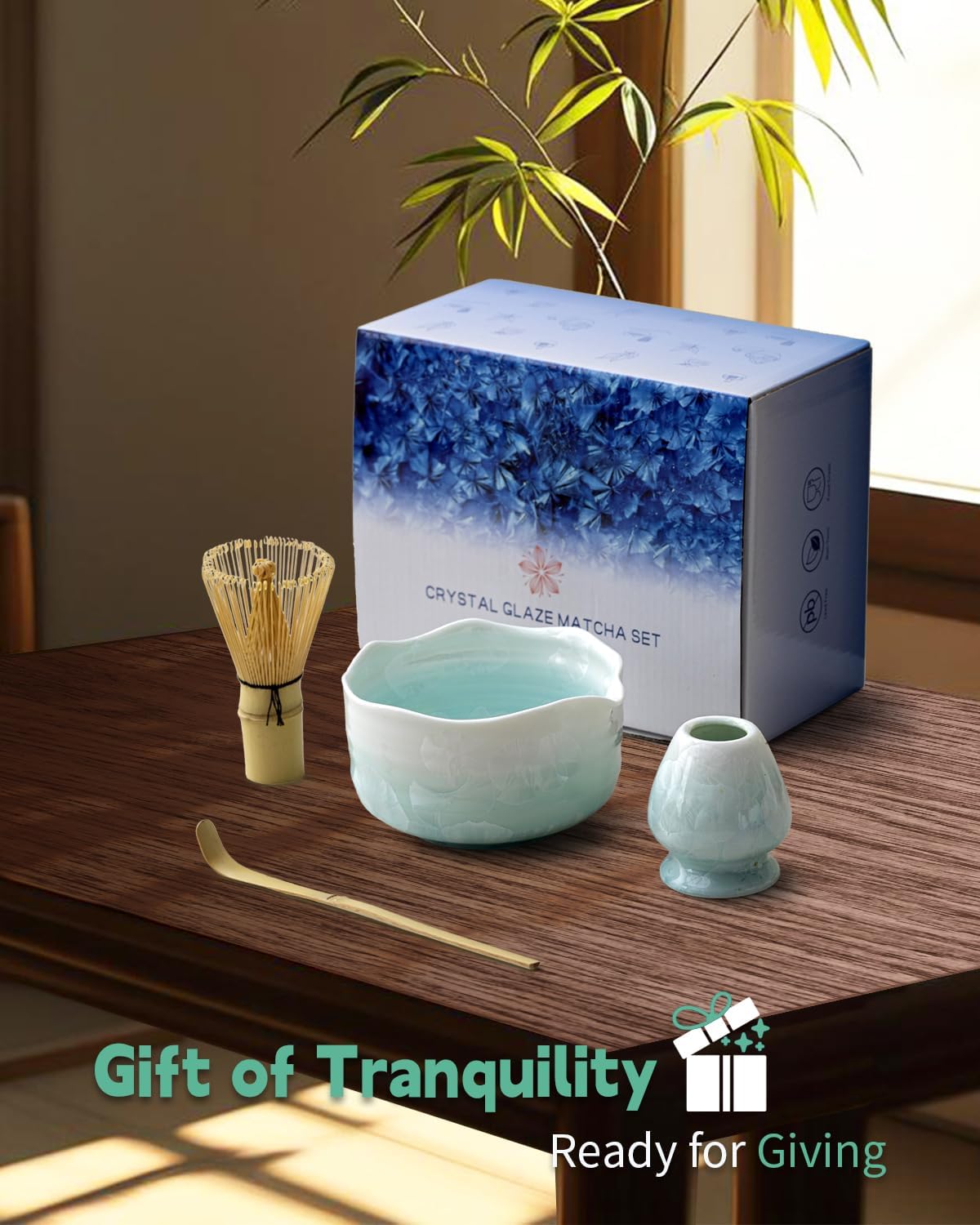 Natural Crystal Flower Matcha Set - 4 Pcs Food Grade Matcha Kit with Spouted Bowl, Matcha Whisk, Scoop and Chasen Holder - Matcha Tea Ceremony Gift for Matcha Lovers (Pine Shadow)