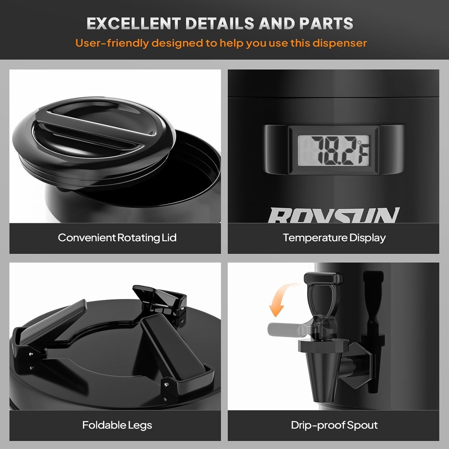 ROVSUN 3.2 Gallon Insulated Beverage Dispenser, Stainless Steel Hot and Cold Drink Dispenser, Ice and Hot Drink Server w/Spigot, Hot and Cold Beverage Server for Coffee, Tea, Milk & Juice