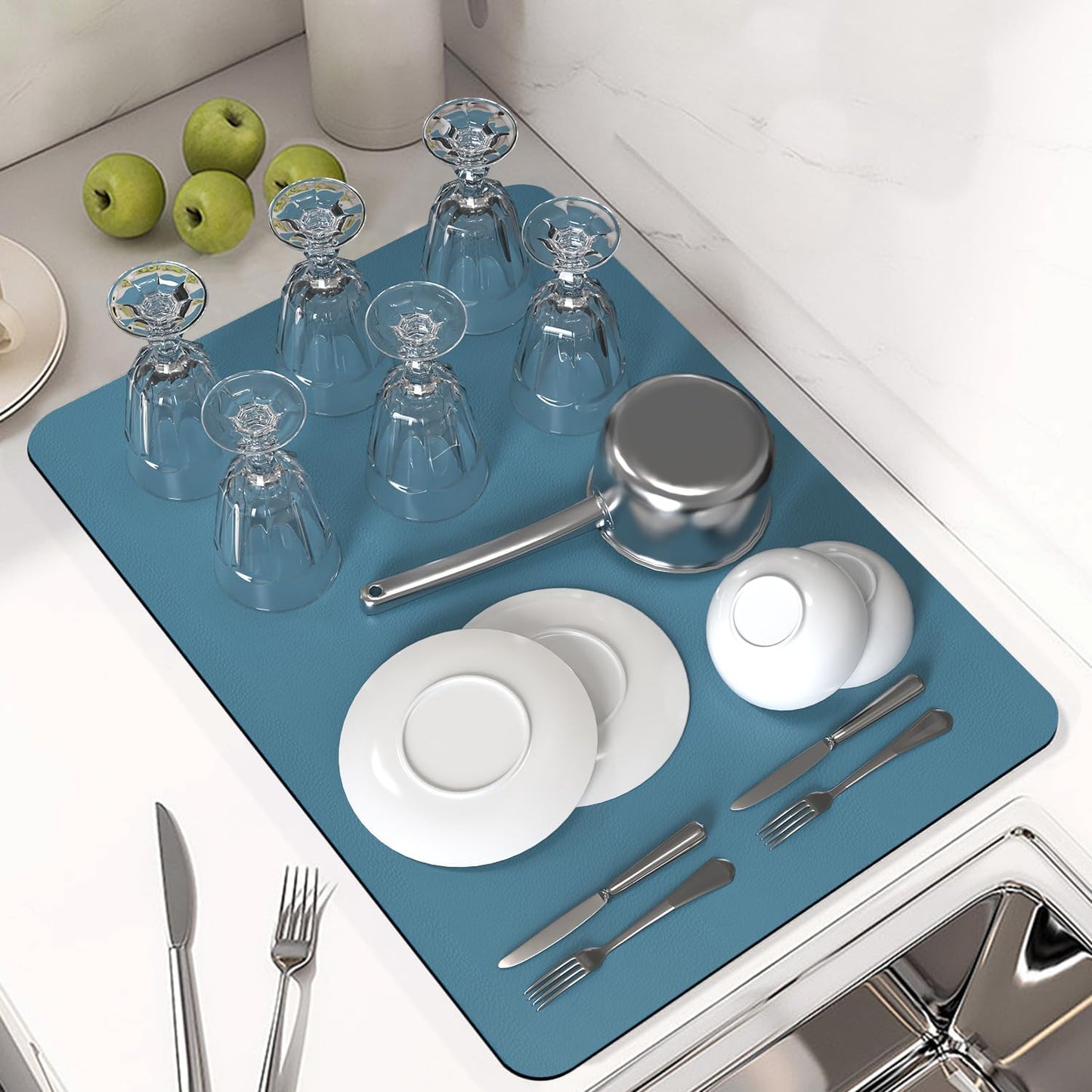 PoYang 24"x16" Coffee Mat Large, Coffee Bar Accessories for Countertop, Absorbent Dish Drying Mat, Anti-Slip and Hide Stain Pad for Espresso Machine, Espresso Maker and Kitchen Counter, Blue