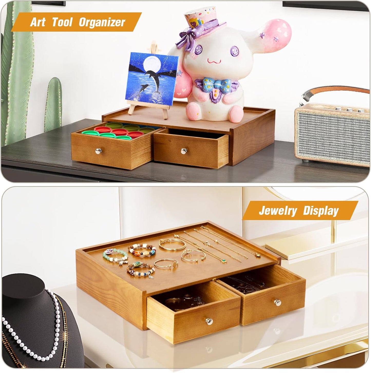 15.8"L X 11.8"W X 4"H Wooden K cup Storage, Keurig Stand With Storage, Coffee Pod Holder Organizer, Desktop Kitchen Storage with 2 Drawers, 30/40/60 Pod Capacity, Natural