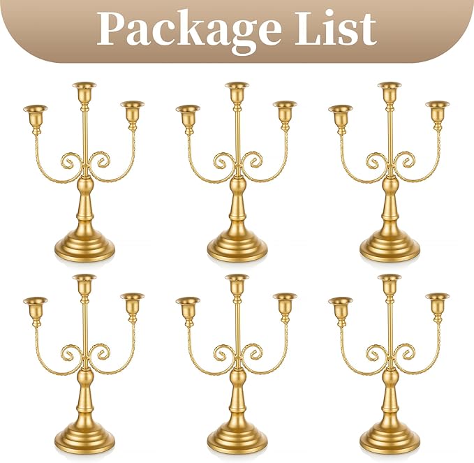 Sziqiqi Gold Taper Candle Holder for Centerpiece - 3-arm Candlesticks Holder for Wedding Table Centerpieces Metal Candle Stick Holders for Fireplace Mantle Set of 6