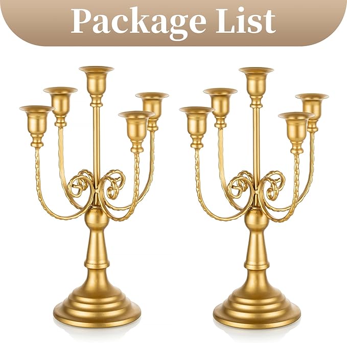 Sziqiqi Candelabra Candle Holder Gold Set of 2-5-stem Metal Candlestick Holders for Taper Candles for Centerpieces Table Wedding Birthday Fireplace Christmas Decor