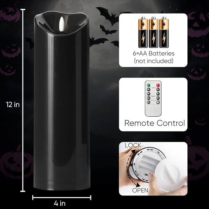 Homemory 4"x12" Black Flameless Candles, Halloween Candles, Outdoor Waterproof Flameless Candles with Remote and Timers, Gothic, Battery Operated LED Pillar Candles, Won't Melt Plastic, 2Pack