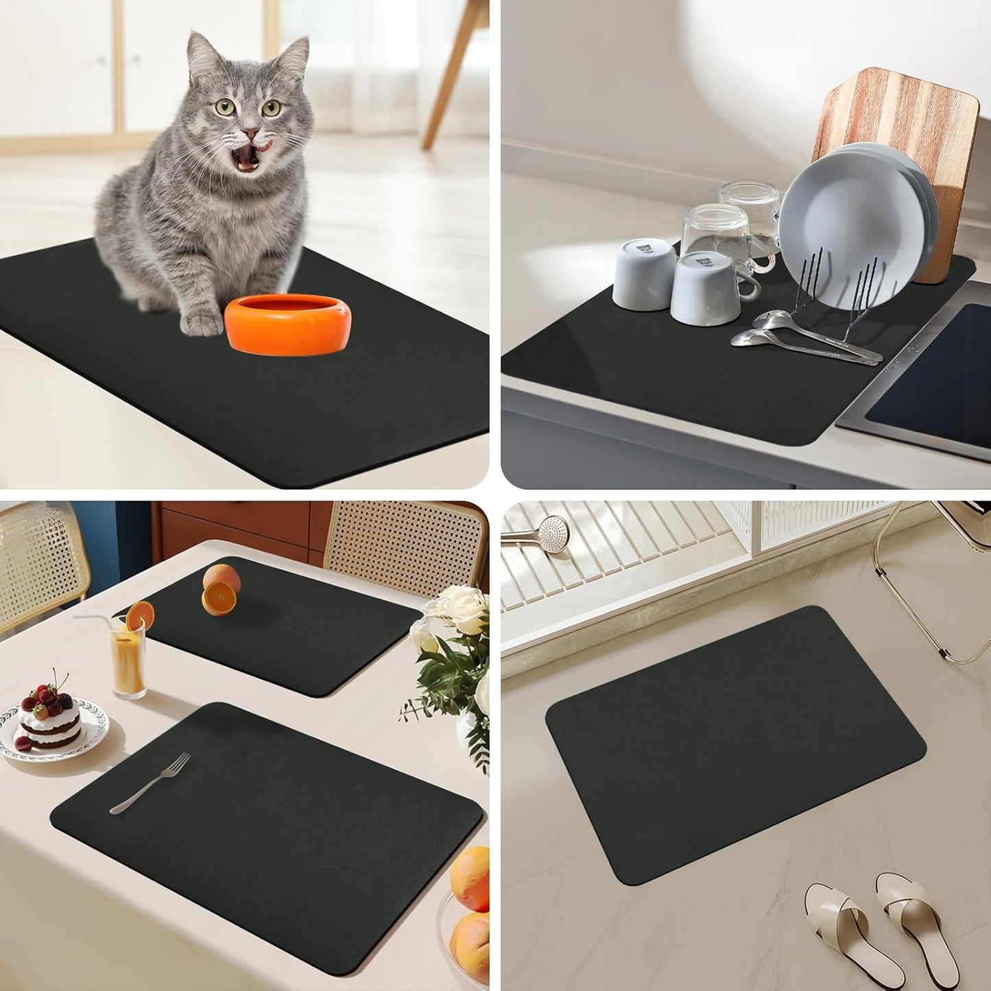 Bloss Coffee Mat 24"x16", Dish Drying Mat for Multiple Usage, Mat for Coffee Bar, Kitchen Counter Mat, Absorbent Hide Stain Rubber Backed Dish Drying Pad - Black