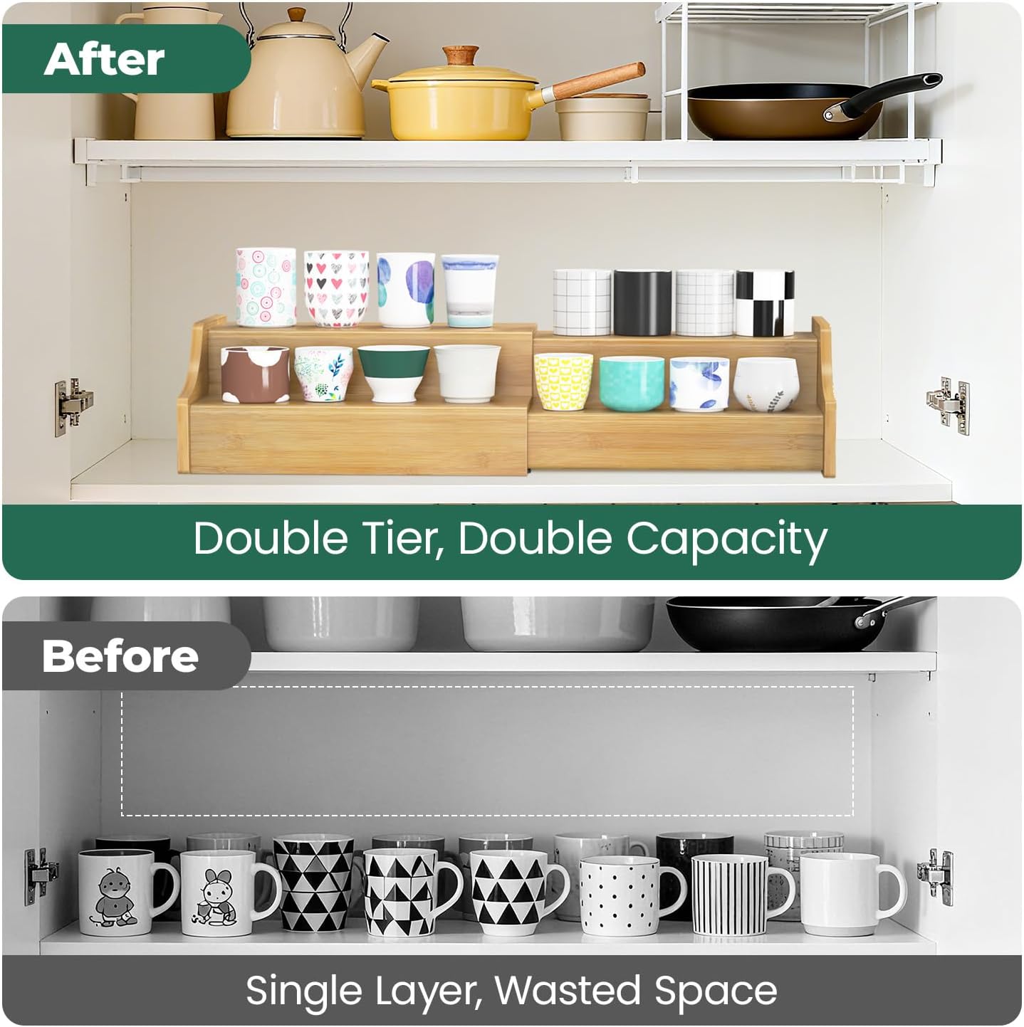 EsLuker.ly Coffee Mug Cup Holder Rack for Cabinets Countertop, 2 Tier Expandable Mug Storage Organizer Bamboo Coffee Bar Station Display Stand Shelf for Kitchen Countertop, No Assembly, More Space