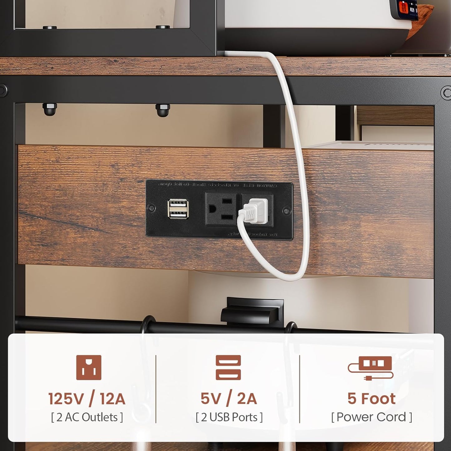 Itaar 47.2 Inch Bakers Rack with Power Outlet, Microwave Stand with Storage, Farmhouse Coffee Bar Cabinet Station with Wine Rack, Iron Mesh and 8-S Hooks (Rustic Brown)